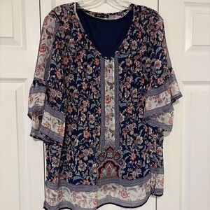 Roz & Ali Floral Top with Layering Camisole and 3/4 Bell Length Sleeves Size 1X